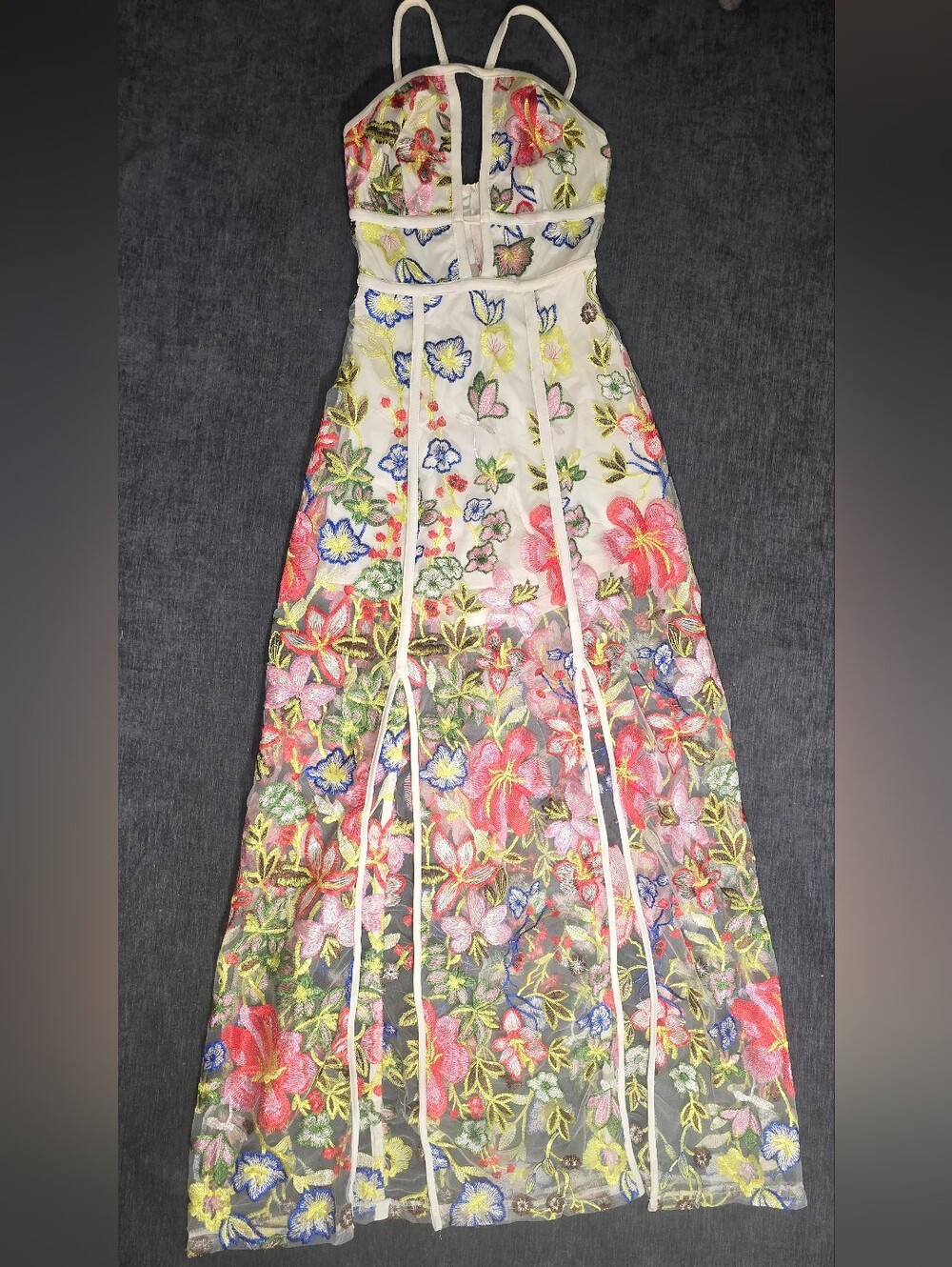 Luxmi White Floral Embroidered Mesh Sheer Maxi Dress Gown Built In Shorts S